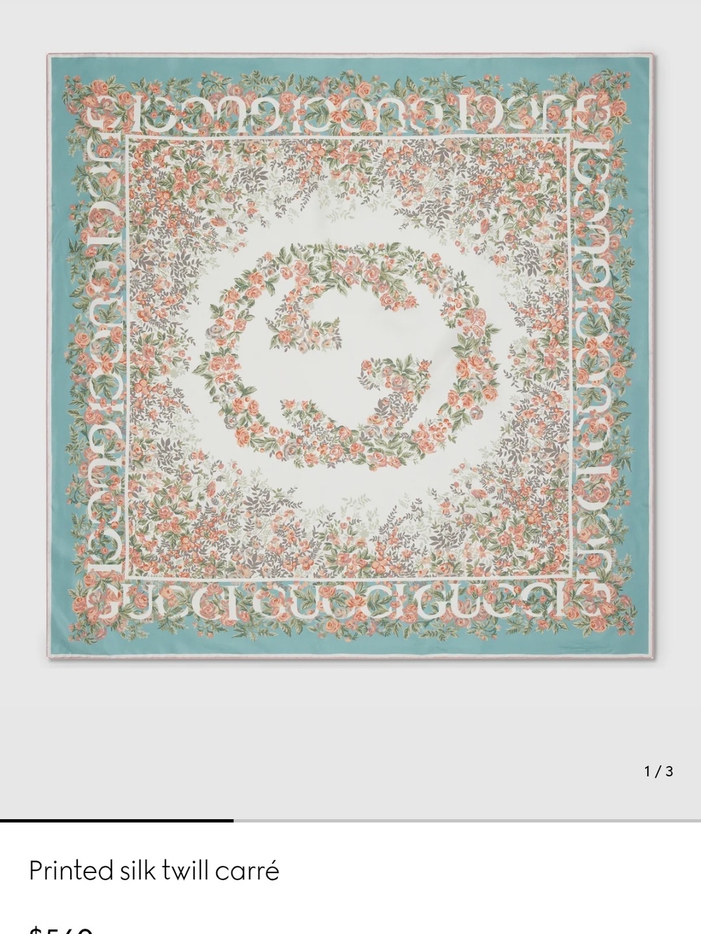 Gucci Floral Silk Twill Carré Scarf in Aqua and Coral